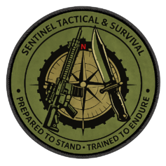 tactical survival emblem with gear symbols